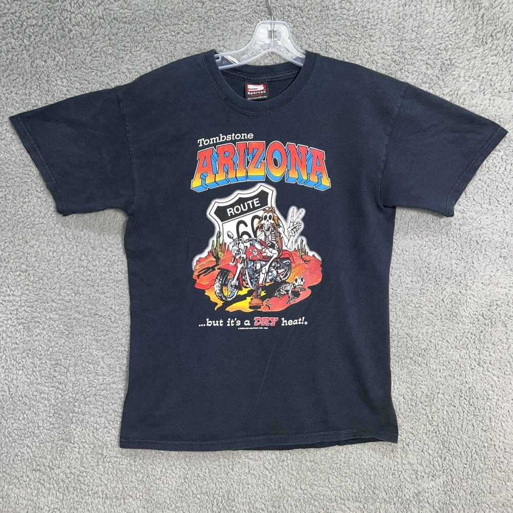 VTG Tombstone Arizona T Shirt Men Sz M Black Route 66 Bike Skeleton Made USA Tee